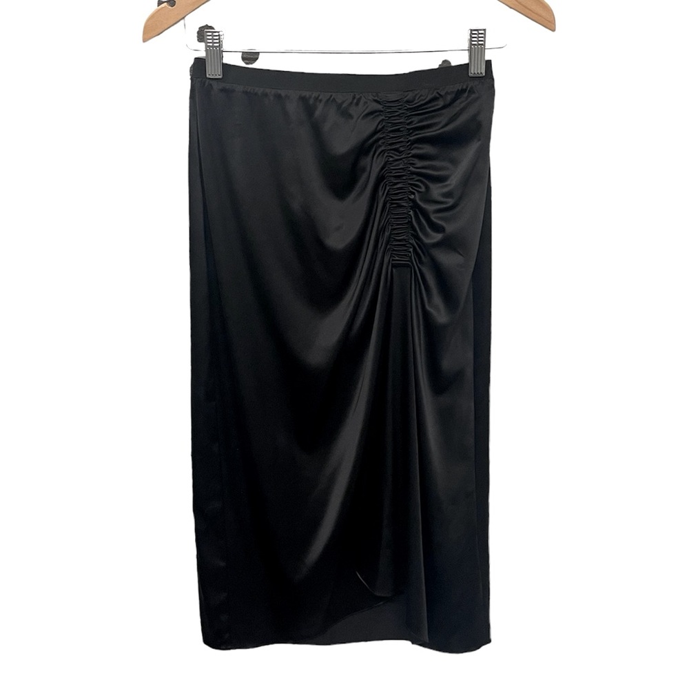 NWT Theory Black Satin Stretch Ruched Midi Skirt
